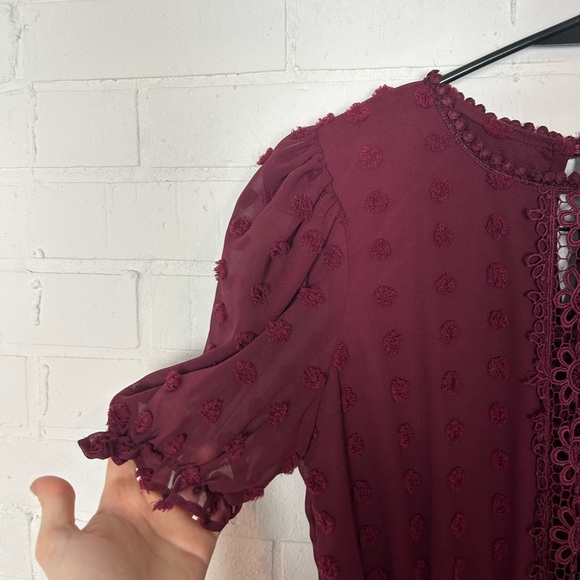 Heart & Heels Burgundy Textured Dress with Puff Short Sleeves - Picture 3 of 6